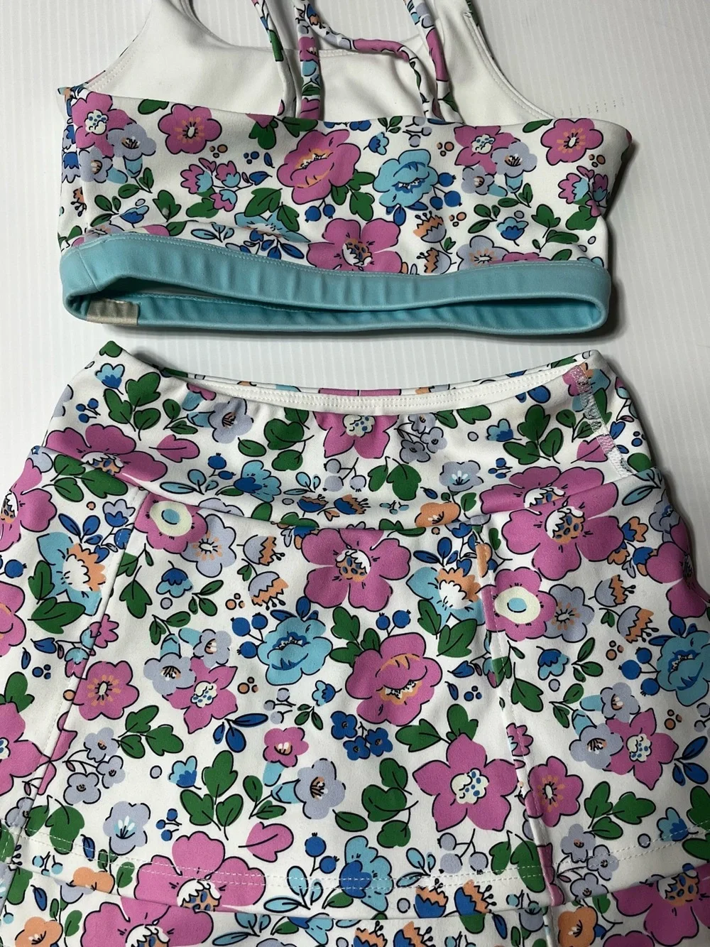 cheeky plum Floral Two-Piece Skort Set in White with Pink, Blue & Green